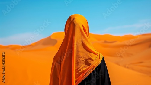 Woman wearing an orange scarf stands in front of a desert
