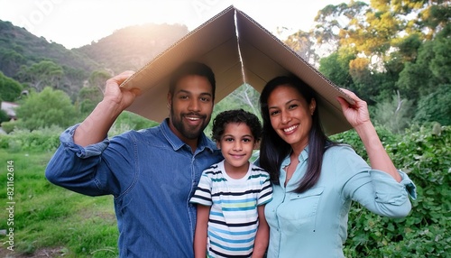 Happy multiethnic family with child holding cardboard roof 