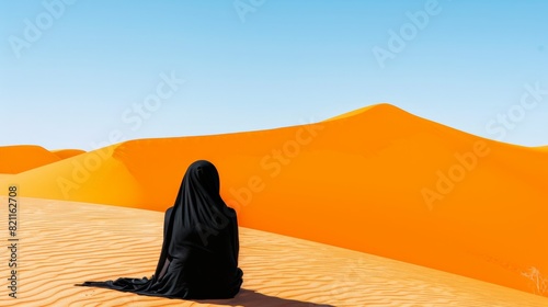 Woman in a black dress sits in the desert. The desert is orange and the sky is blue