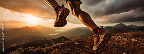 male or man Latin trail runner running on a mountain hill with a close-up of the trail running shoes during sunset