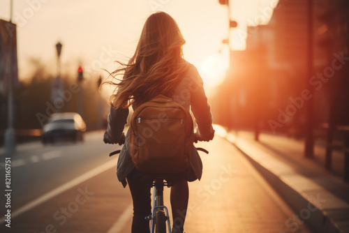 A beautiful young adult of Caucasian hipster woman riding her bicycle to work, a backside portrait of a woman commuting on a bicycle on a sunny day in an urban street at sunset