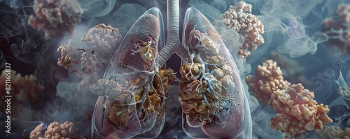 A comprehensive medical illustration, ideal for a module cover, depicting the interior of human lungs impacted by COPD, emphasizing inflamed and damaged lung tissue