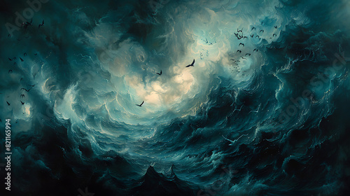 Seagulls soar above stormy seas, dark clouds loom, waves crash relentlessly, an ominous yet captivating scene captured in this dramatic photograph available for licensing on Adobe Stock