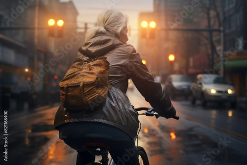 A beautiful elderly of Caucasian hipster woman riding her bicycle to work, a backside portrait of a woman commuting on a bicycle on a rainy day in an urban street at sunset