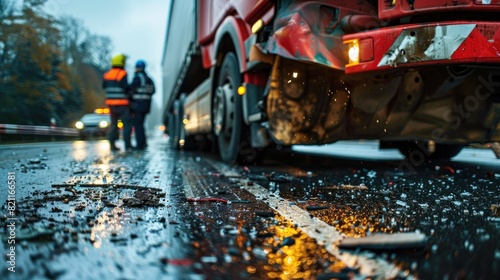 A close-up of a truckâ€™s damaged trailer with spilled cargo on the road and police investigating the scene