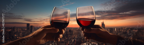 Two male hands toasting or clinking with red wine glasses on a city and eccentric background