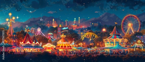 Clean and vibrant illustration of a summer fair with rides, food stalls, and people having fun, close-up perspective