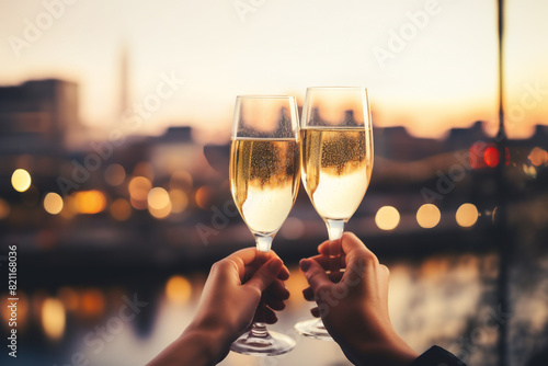 a group of friends African American hands toasting champagne glasses for new years eve with a city background, a celebration or engagement concept