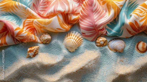 Close-up of a colorful beach towel with tropical patterns, sand and seashells, clean and vibrant