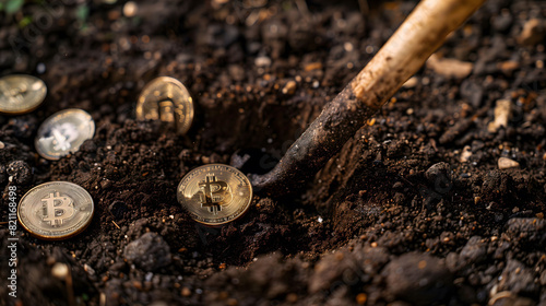 Bitcoin mining with a shovel with bitcoins on the dirt.