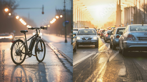 award winning photography, billboard advertisement, Electric Urban Commute vs Gasoline Traffic A solitary electric bike stands on a cool, deserted city street under the soft glow o