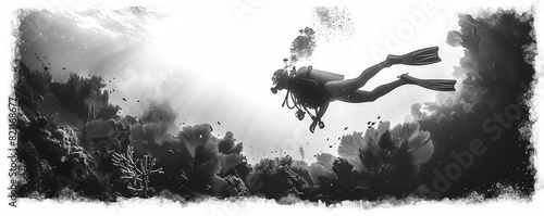 Coral Reef with snorkelers flat design front view ecotourism theme water color Black and White