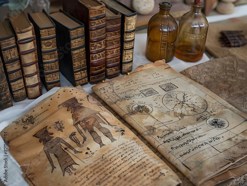 Intriguing Array of Vintage Books and Manuscripts Featuring Hand-Drawn Ancient Figures and Alchemical Diagrams with Aging Yellowed Pages and Frayed Edges in Antique Aesthetic