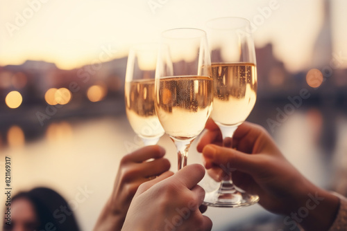 a group of friends caucasian hands toasting champagne glasses for valentine with a city background, a celebration or engagement concept