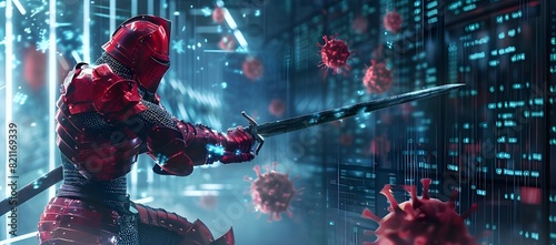 Full body image of a knight in red armor fighting with a sword. with colored firmware viruses that gradually invade software systems of computer