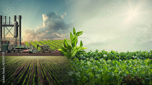 award winning photography, billboard advertisement, Intensive Farming vs Organic On the left, an industrial farm with machinery and chemical inputs is shown under a harsh, cool lig