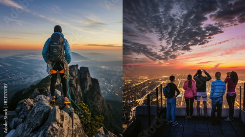 award winning photography, billboard advertisement, Mountain Summit vs City Rooftop The left side shows a climber at a mountain summit at dawn, the cool clarity of the morning ligh