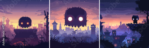 Arcade game monster character pixel art vector concepts. Round shaggy fur glowing eyes fangs creature grass bushes castle fortress landscape dusk dark sky stars, 8 bit illustrations