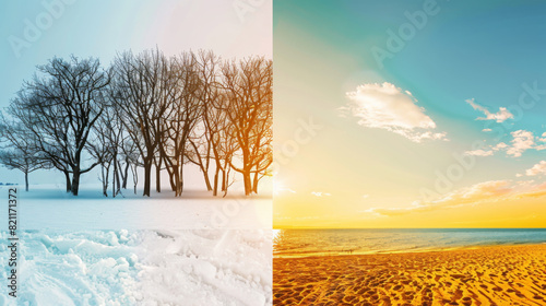 award winning photography, billboard advertisement, Seasonal Winter vs The left half of the screen showcases a snowy, winter landscape with bare trees, illuminated by the cool, cri