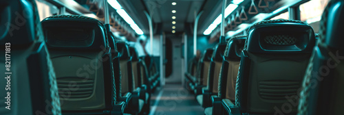 This image depicts the quiet, understated interior of a commuter train with a focus on comfortable seating and clean lines