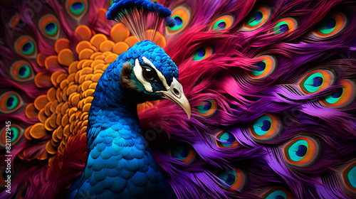 a colorful peacock is showing his colorful feathers in a dark background
