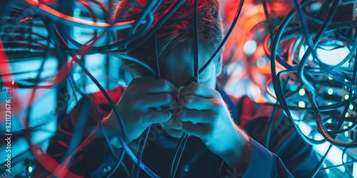 A person overwhelmed by a mess of tangled cables signifying confusion and complexity