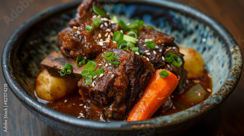 Close-up image of authentic korean braised beef with vegetables, garnished with sesame seeds and green onions on a wooden table