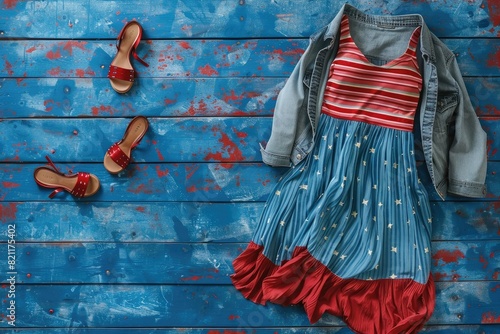 A chic maxi dress with a red and white striped bodice and a flowing blue skirt adorned with white stars, accessorized with a denim jacket and red sandals for a patriotic summer ensemble