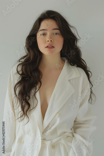 plus size model, beautiful, in minimalism clothes, 25-35 years old, in neutral clothes of white and pastel colors, neutral color pallete, soft lighting, shot on film, fashion magazine has the