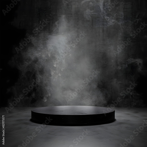 product platform, Podium black dark smoke background abstract stage texture fog spotlight. Dark black floor podium dramatic empty night room table concrete wall scene