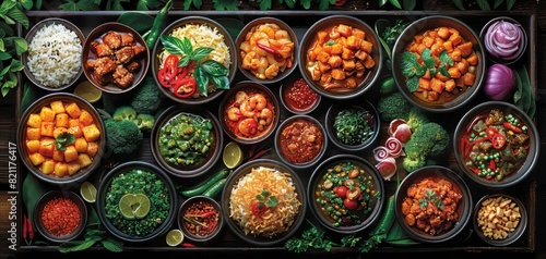 Assortment of colorful bowls with food, arranged on a wooden tray with greenery.