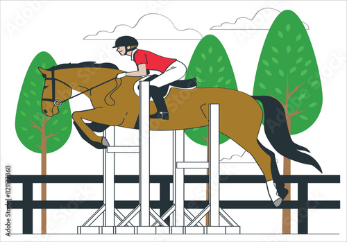 Jockey on horse. Black Horse. Champion. Horse riding. Equestrian sport. Jockey riding jumping. Poster. Sport background. A man on a horse is jumping over an obstacle. 