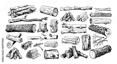 Firewood pile ink sketch vector set. Logs twigs branches brushwood driftwood fire burning wood lumber illustration isolated on white background