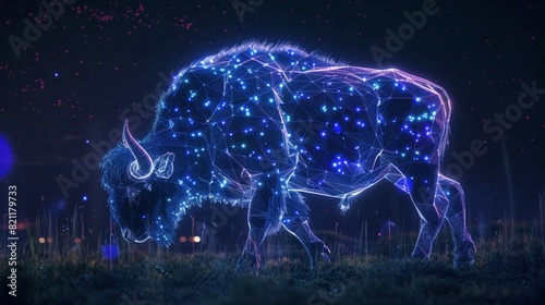 A amethyst glow buffalo silhouette in a nightscape bold outline
