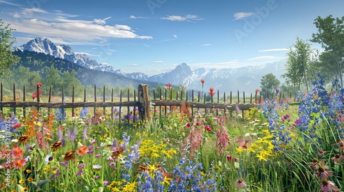 Beautiful wildflower garden with a wooden fence in the foreground and stunning mountain landscape in the background under a clear blue sky.