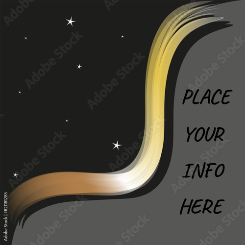 Two sided bilateral info black and grey cosmos background devided by golden ribbon vector square