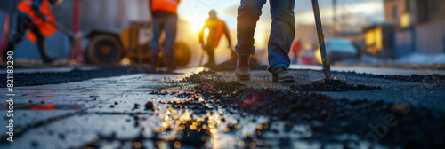 Close-up of road workers doing asphalt paving work at sunset with focus on the hot, steaming asphalt and tools