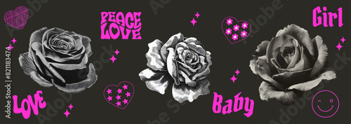 Monochrome Roses halftone collage set with colorful doodles elements. Floral mixed media design, vintage punk stickers and squiggles. Y2K aesthetic Vector illustration for grunge punk surreal poster