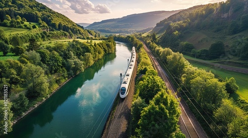 high-speed train driving through a beautiful landscape with a river and a forest - preserving nature with sustainable transportation