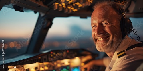 Pilot with headset in aircraft cockpit, panoramic view of runway during twilight, emphasizing safety and travel