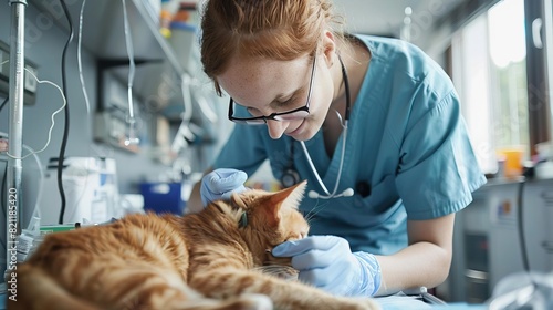Professional commercial photo of a caring vet in a pet clinic, attending to a content pet with stateoftheart equipment in a sterile, friendly atmosphere