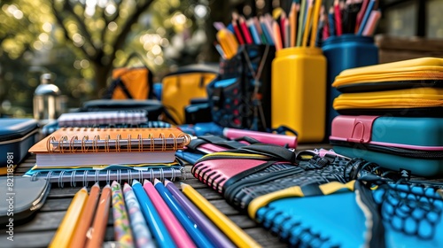 Colorful School Supplies Organized on Desk
