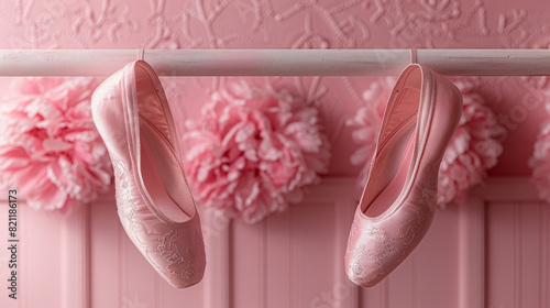 Award Winning National Geographic rule of thirds, photograph of a pair of ballet slippers hanging on a barre, minimalist, plain pale pink background, ultra realistic photo, centere