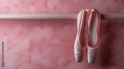 Award Winning National Geographic rule of thirds, photograph of a pair of ballet slippers hanging on a barre, minimalist, plain pale pink background, ultra realistic photo, centere