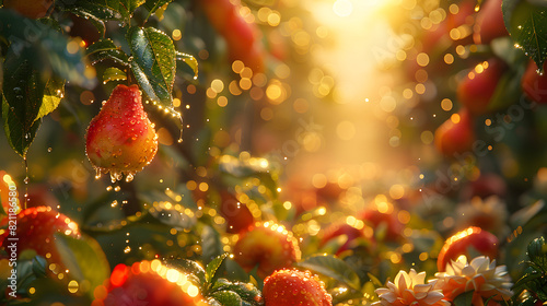 A close-up of a dewy pear hanging on a tree branch in a sunlit orchard, surrounded by bokeh and vibrant foliage