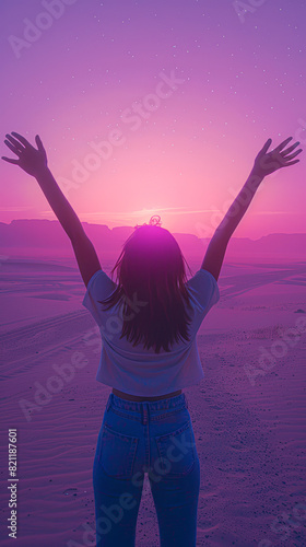 a woman exploring the desert, taking a self-portrait as the sun dips below the horizon