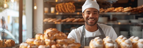 A cheerful male baker with a white chef's hat stands proudly in his bakery surrounded by fresh baked goods