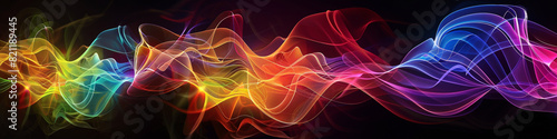 Illustrate the rhythmic vibration of sound waves in a colorful, dynamic wave formation across a wide space.