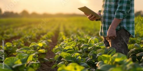 A farmer in a plaid shirt stands in a green lettuce field during sunset, holding a tablet for modern agriculture