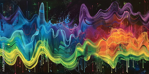 Illustrate the rhythmic vibration of sound waves in a colorful, dynamic wave formation.